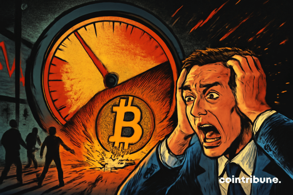 A large digital thermometer displays red curves and low indicator levels. A giant Bitcoin in freefall, shattering as a panicked trader looks on.