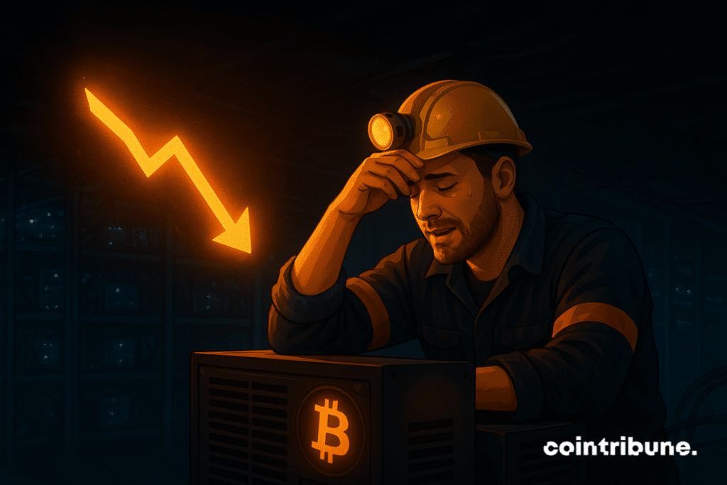 A tired Bitcoin miner wipes his sweaty brow next to glowing orange mining equipment, while an illuminated downward arrow hovers above, symbolizing reduced mining difficulty.