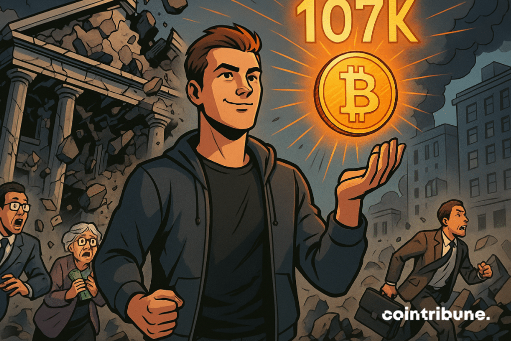 Bitcoin Rises to $107,000 as Chaos Hits Traditional Banks: Fear and Triumph Collide in One Frame.