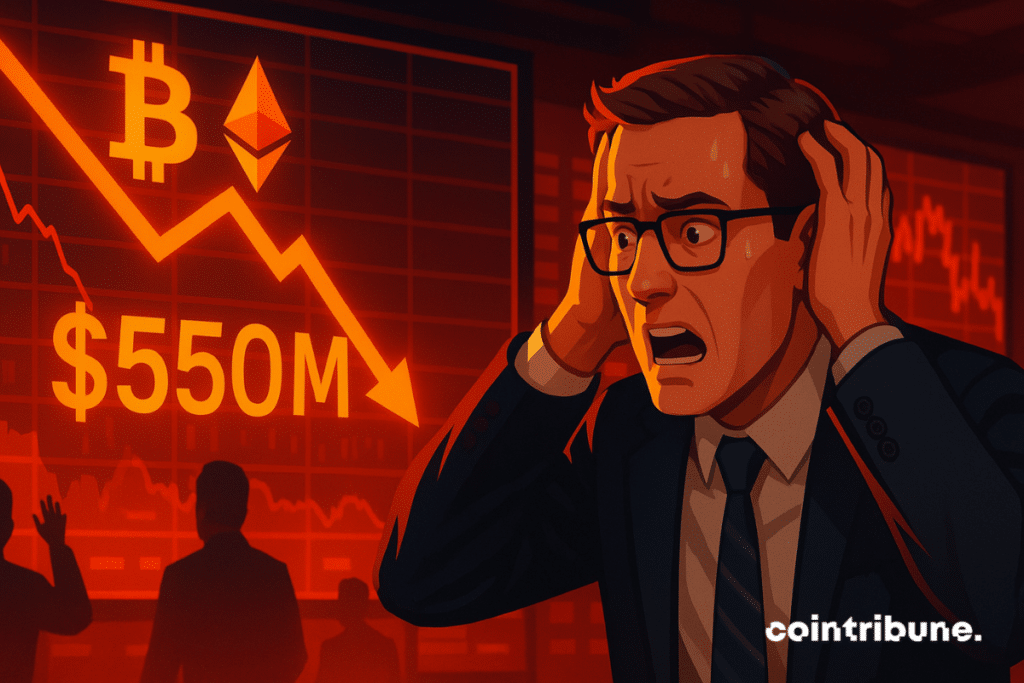 A panicked trader in front of red screens displaying a brutal fall in Bitcoin and Ethereum ETFs, loss of $550M.