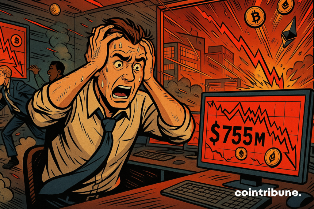 Comic-style scene of traders panicking as Bitcoin value crashes on trading screens.