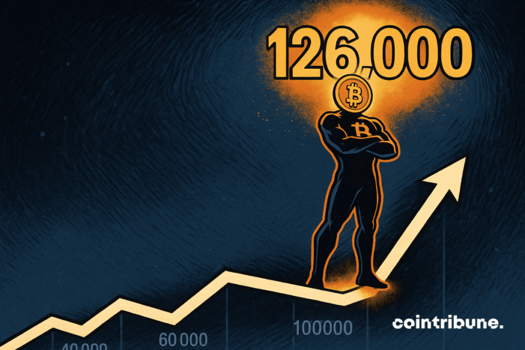 Superhero Bitcoin slowly climbs a graph to a “$126,000” platform.
