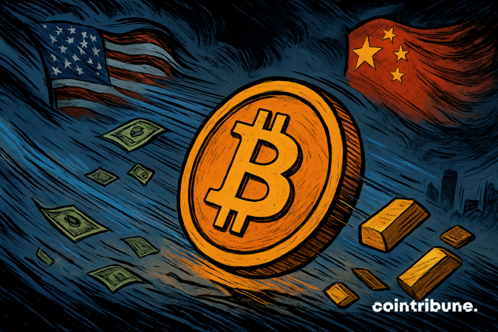 A bright orange Bitcoin coin weathers strong blue winds carrying banknotes and gold bars between storm-torn American and Chinese flags.