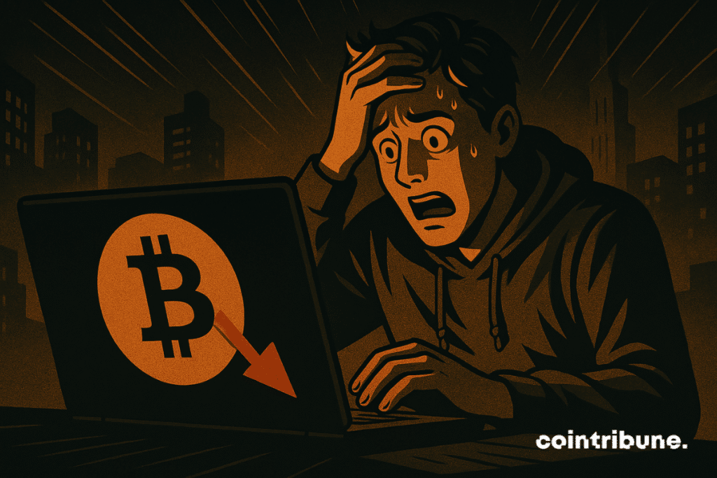 A panicked young man discovers the collapse of Bitcoin, under an apocalyptic urban sky dominated by a cracked symbol.