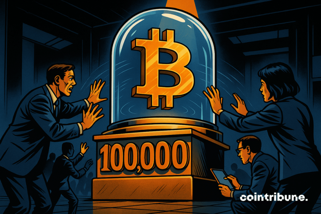 Inside a massive glass bell: a three-dimensional, golden and imposing Bitcoin symbol, levitating slightly. On the base, a number “100,000” carved in shiny orange relief. The bell is perfectly smooth, without joints or access, and reflects the ambient light. Several traders, Standard Chatered analysts or curious people hold out their hands or bang the bell, visibly frustrated or incredulous.
