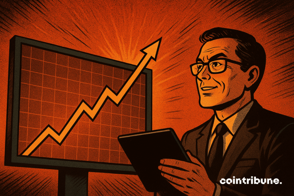 A confidant analyst studies a rising Bitcoin chart glowing in orange light against a bold comic-style background.