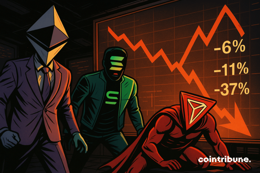 Three heroes symbolizing Ethereum, Solana and Tron observe a dramatic fall in income, in front of a descending red graphic.