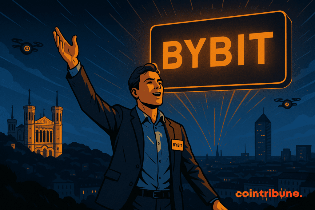 A Bybit representative waves to the crowd in front of the Fourvière Basilica in Lyon, under a drone-illuminated night sky, with the illuminated “BYBIT” logo in the background.