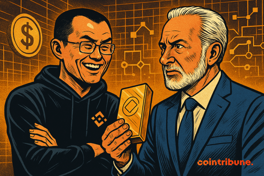CZ, laughing, observes Schiff holding a tokenized gold bar, in a futuristic orange-tinted arena.
