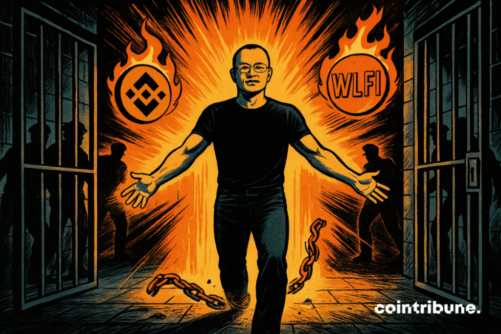 Changpeng Zhao (CZ), founder of Binance and the crypto BNB, walks calmly, arms open forward, as if welcoming the world. The prison doors ajar, from which a powerful, almost celestial orange light bursts. At his feet, we see broken chains.