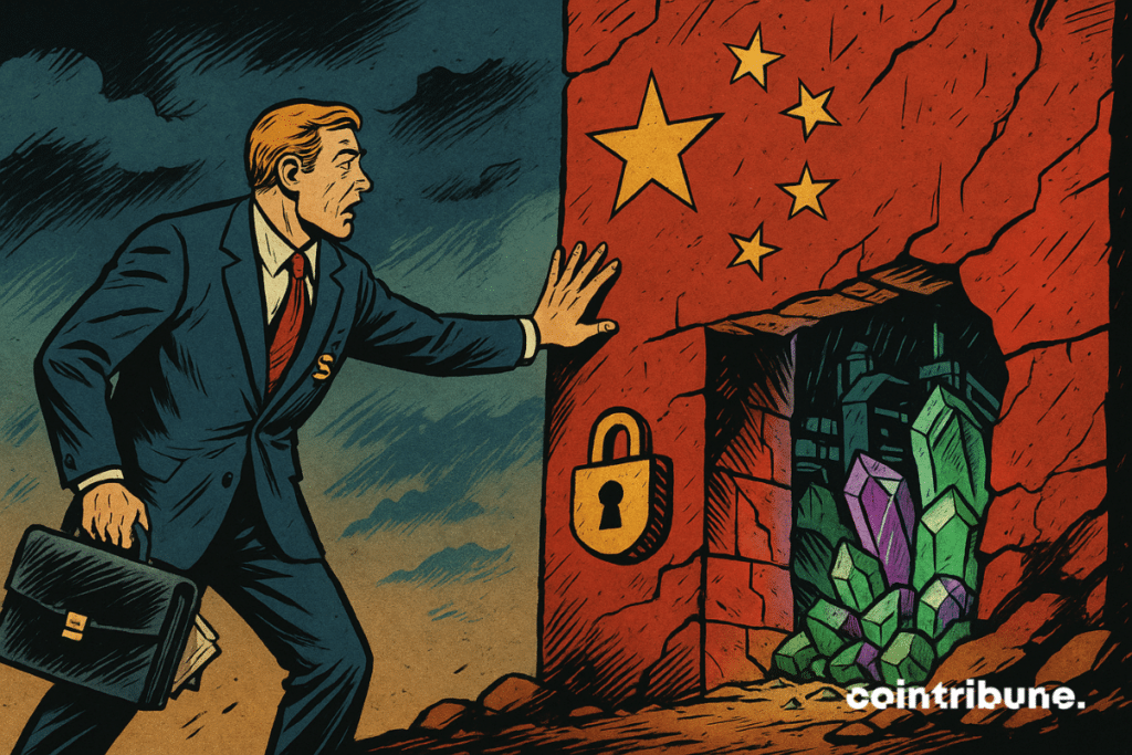 An American miner or trader in a suit tries to pass through, stopped short by a red wall decorated with Chinese stars. The wall blocks access to a cavern filled with glowing crystals, symbolizing China's restrictions on rare earths.
