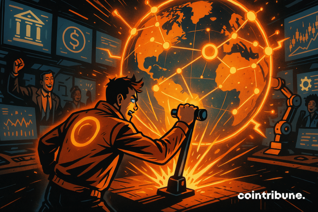 An engineer activates the Arc test network as a glowing network map connects banks and technology companies.