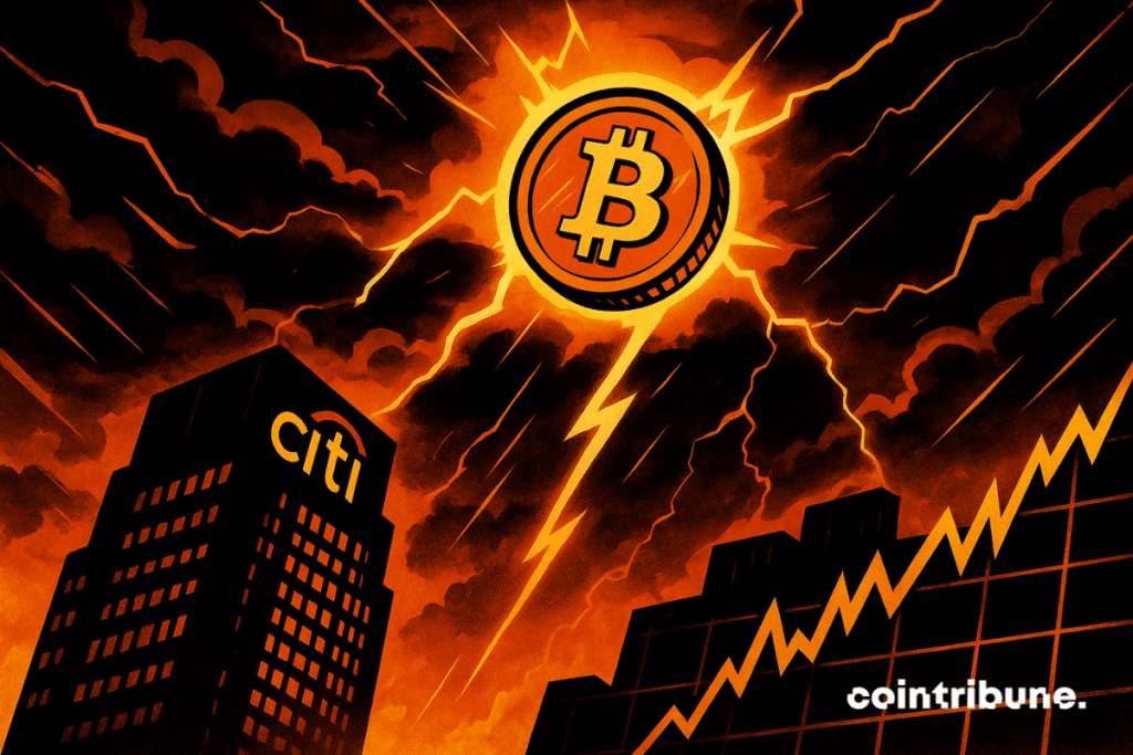 A glowing Bitcoin rises into a stormy sky above the Citi building, struck by an orange lightning bolt with a volatile market chart below.
