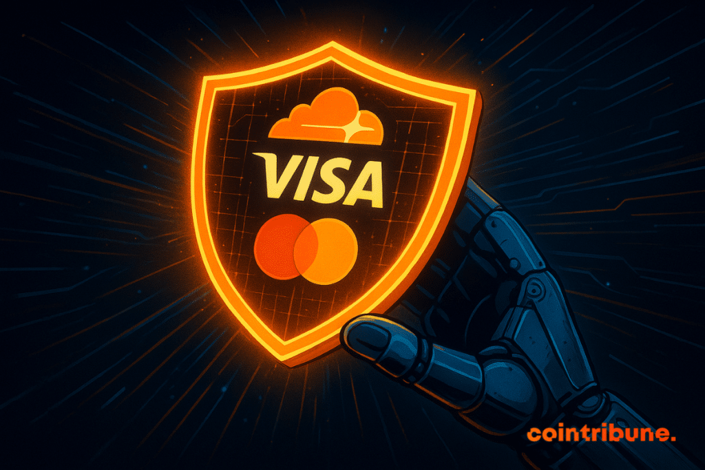 A robotic hand holds a glowing orange digital shield featuring the logos of Cloudflare, Visa and Mastercard against a dark, high-tech background.