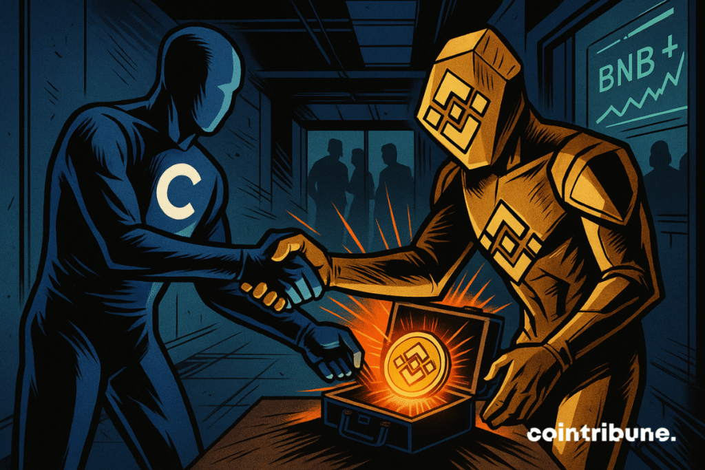 A handshake between two humanoid figures representing Coinbase and Binance. In their hands, an open suitcase reveals a golden BNB token.