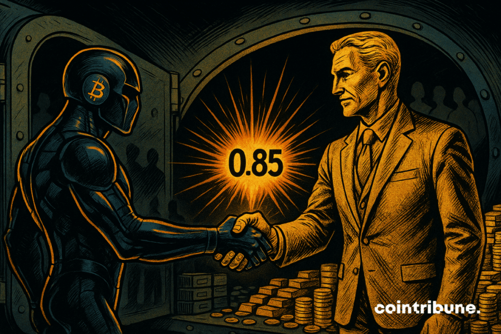 Two humanoid figures, one in futuristic armor (Bitcoin), the other in classic golden costume (Gold). They shake hands intensely, like two powers sealing an alliance.
