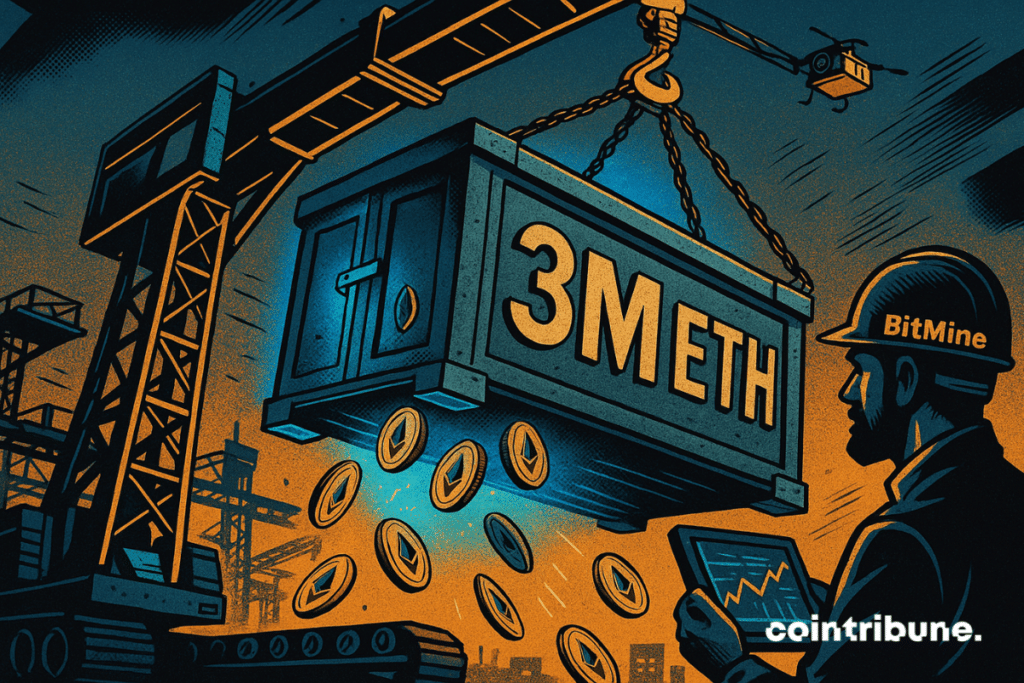 A giant robotic crane, black and gold, lifts an armored container marked in large letters “3M Ethereum”, under the control of an executive from BitMine, a crypto treasury company.