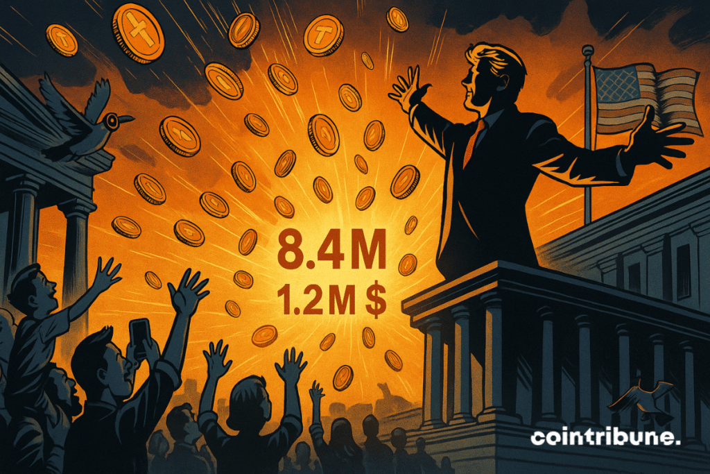 Crypto rain on crowd cheering for charismatic leader