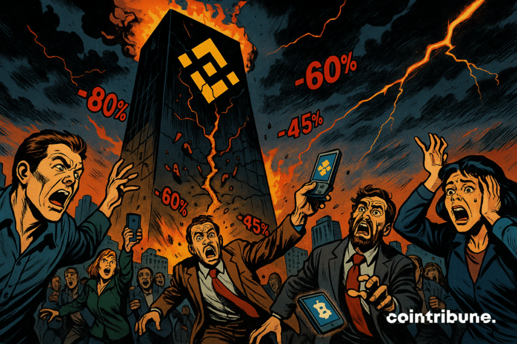 A crowd of panicking users in front of a burning Binance crypto exchange tower. Some flee, others look on in disbelief.