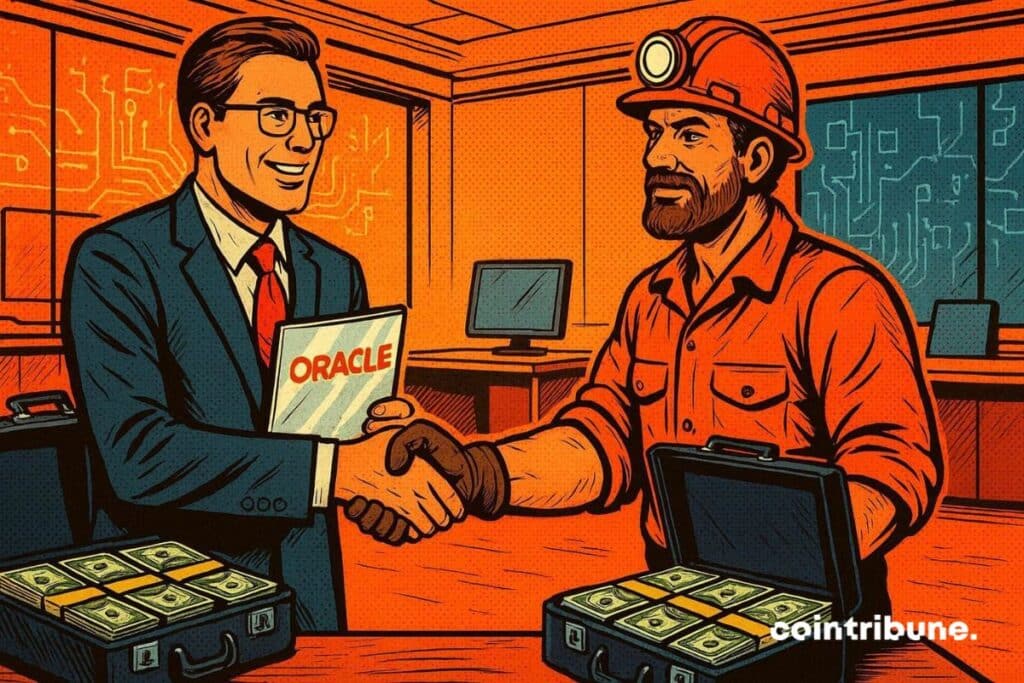 Oracle executive shaking hands with AI miner. There are bags of money on the table that will help develop the artificial intelligence and crypto sector.