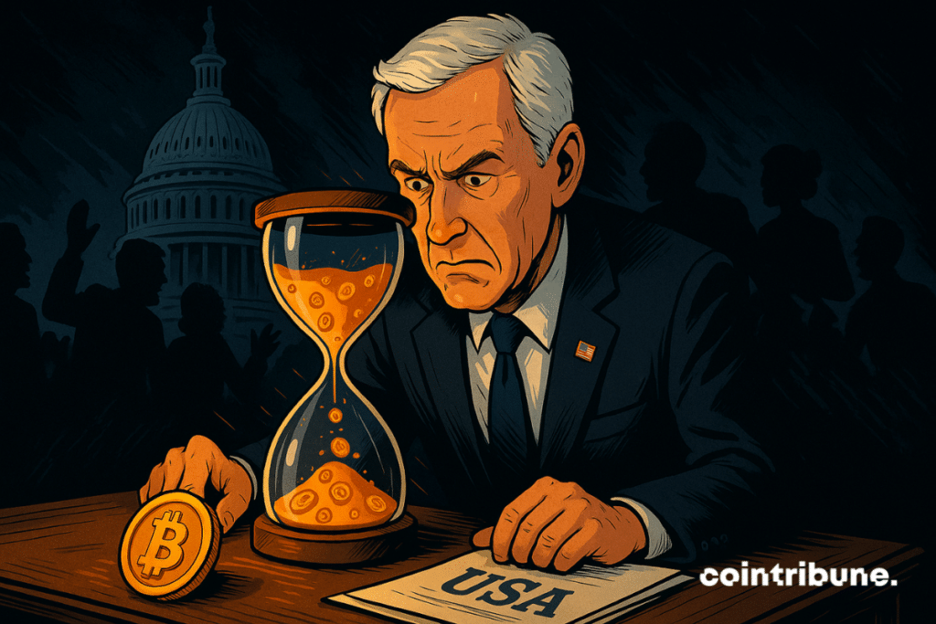 A worried senator observes an hourglass emptying crypto, a symbol of urgency in the face of imminent regulation in the United States.