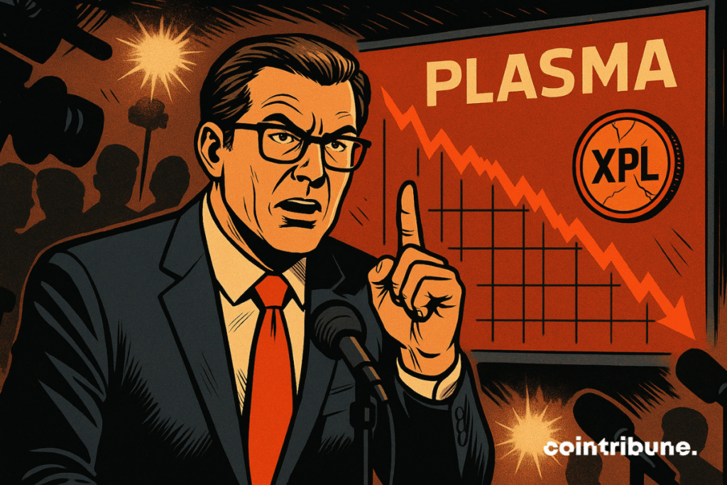 CEO set of plasma denies the fall of the token XPL, in front of microphones and red graphics in sharp decline.