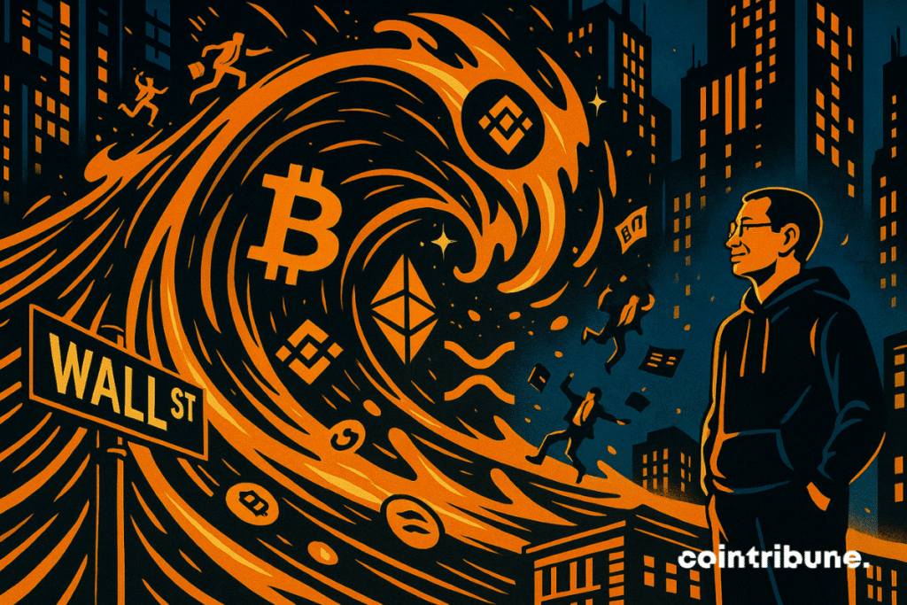 CZ (Changpeng Zhao), standing on a building roof on Wall Street. He observes an immense wave, composed not of water, but of crypto tokens (Bitcoin, Ethereum, Binance Coin, Solana, XRP, etc.).