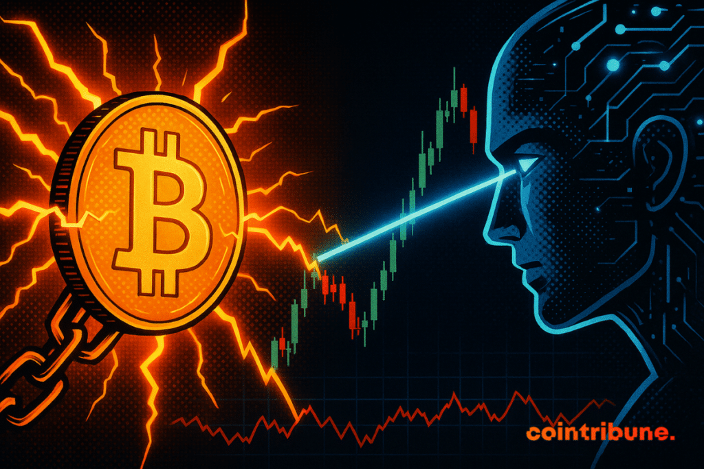 An incandescent bitcoin faces bluish artificial intelligence, their opposite energies collides on a tense market graphic.