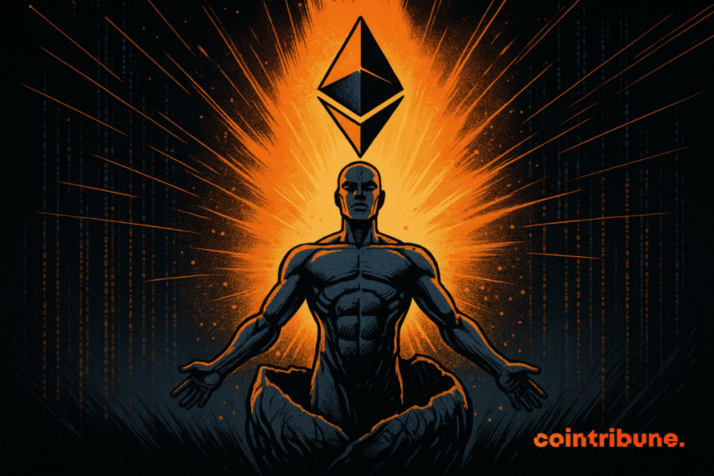 An android emerges from a luminous cocoon, bathed in intense orange light, symbolizing the rebirth and power of Ethereum.