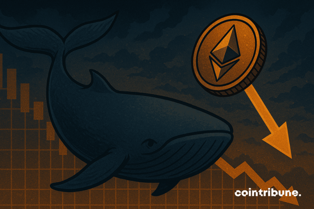A giant whale flees a falling market, while an Ethereum part descends, symbolizing the panic of investors.