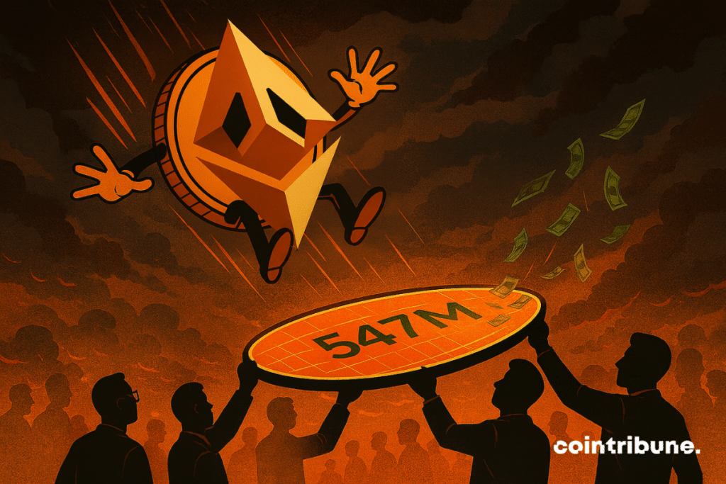 Ethereum falls from the sky, panicked face, towards a marked financial net 