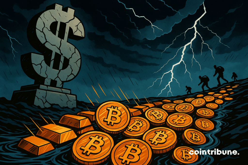 A cracked statue of the dollar collapses under the storm, while a gold and bitcoin river takes human silhouettes.