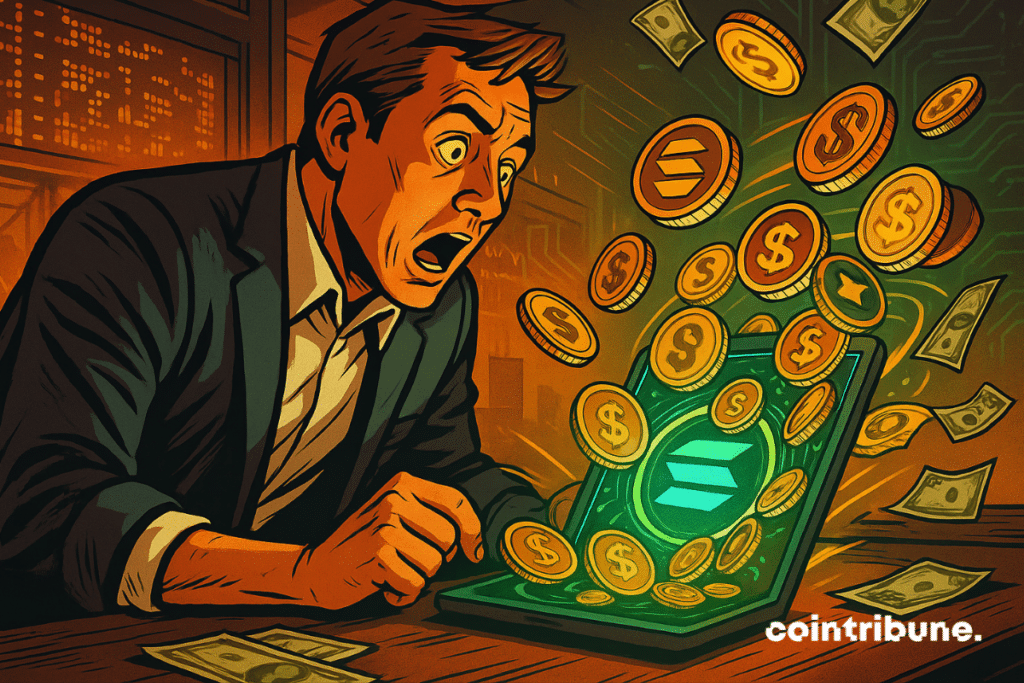 An amazed trader looks at Solana parts and stablecoins spring from a light tablet in his desk.