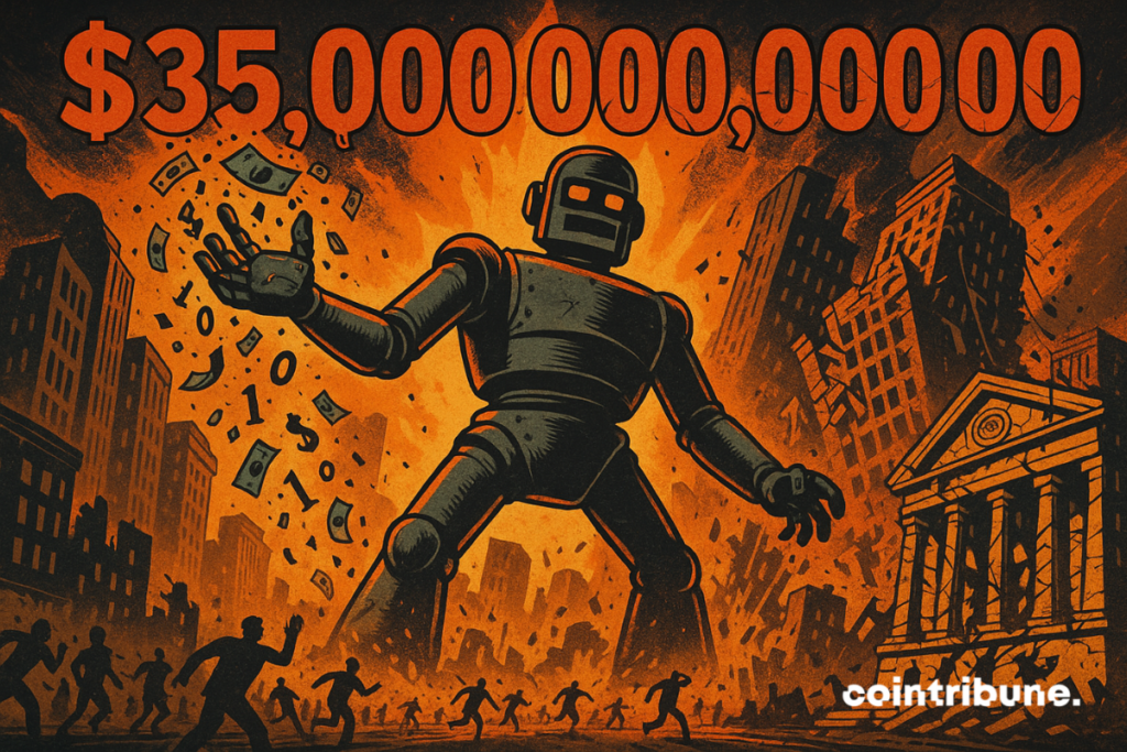 A giant humanoid robot with a retro-futuristic design stands in the center of a fictional financial avenue, reminiscent of Wall Street. It pours down a rain of digital dollars, which symbolizes the potential stock market crash linked to the AI bubble according to a former IMF leader.
