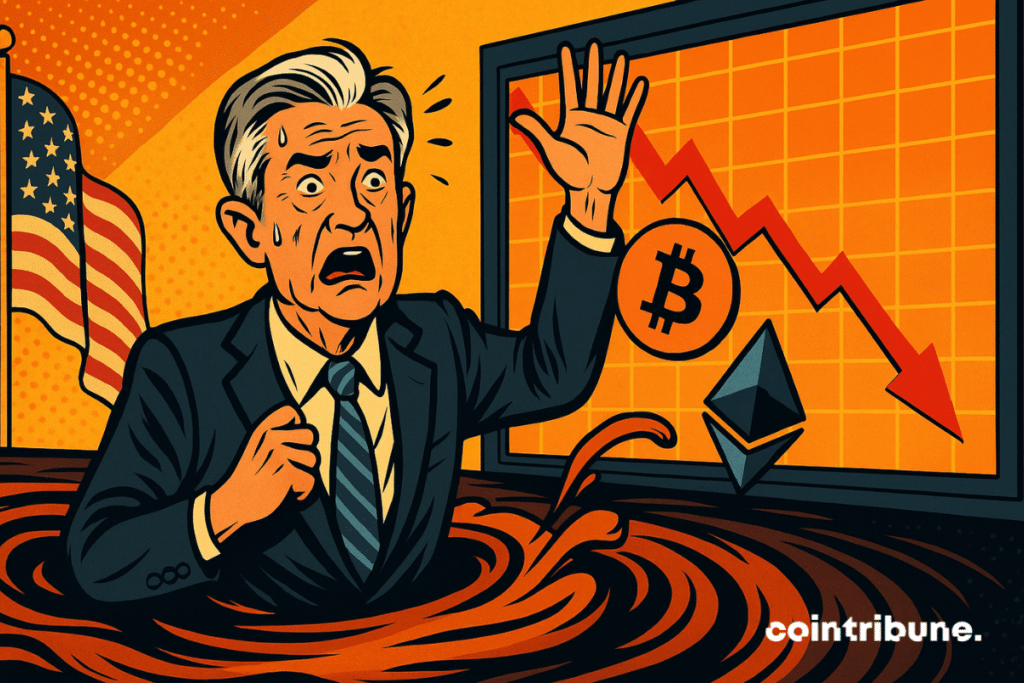 Powell in panic, trapped in quicksand, Bitcoin falling, red graph, US flag, tense and dramatic atmosphere.