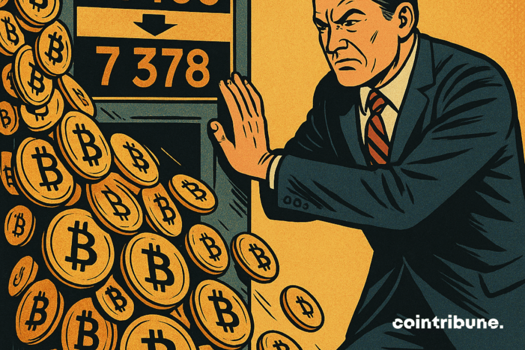 A businessman in costume attempts to stop an avalanche of bitcoins emerging from a machine displaying 31466 → 7378.