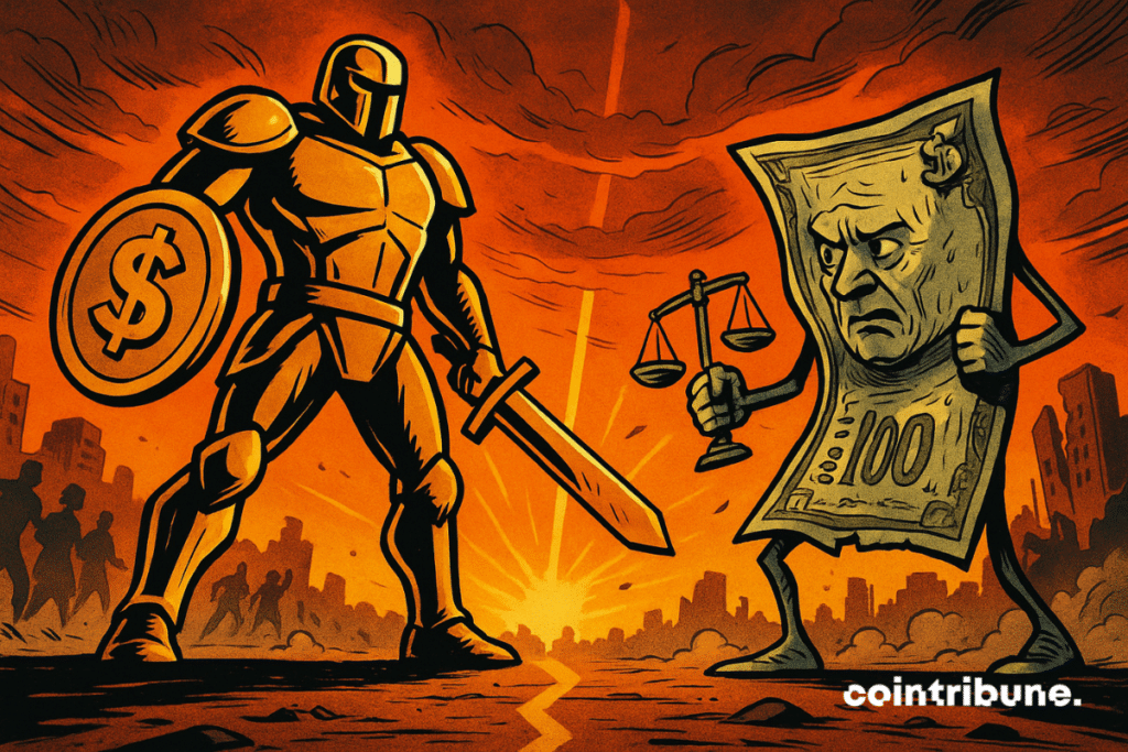 A figure in golden armor (the embodiment of gold), standing imposingly, holding a giant gold coin as a shield and an ingot sword. To his right, a humanoid $100 bill ((incarnation of Treasury bills), crumpled, a little faded, standing, but visibly weakened, holding a cracked economic scale. A dusty ground with a line drawn on the ground, symbolizes the point of tension, right between the two adversaries.