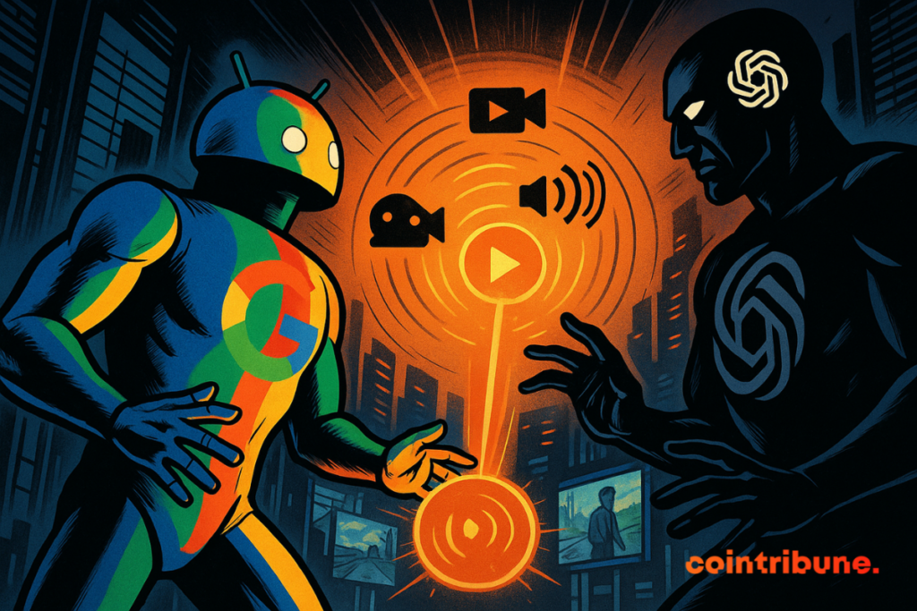 Two androids symbolizing Google and OpenAI face off in a futuristic city, separated by an orange energy sphere.