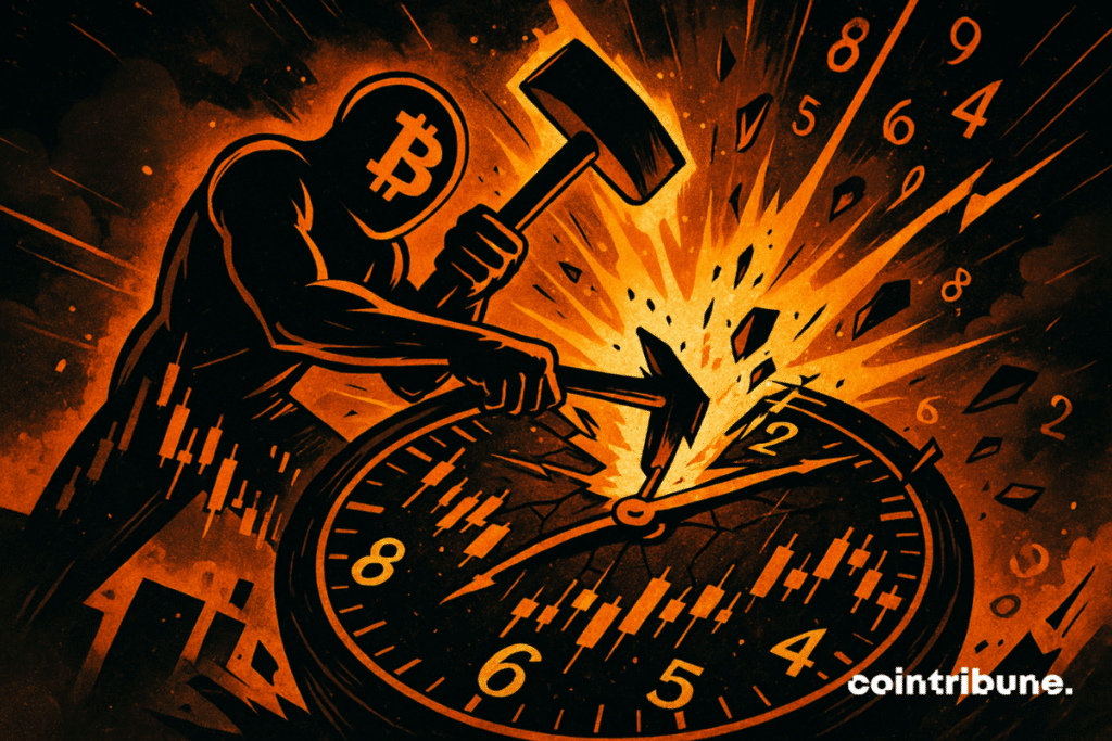 A humanoid Bitcoin smashes a giant clock, releasing a glowing orange explosion symbolizing the breakdown of time and cycles.