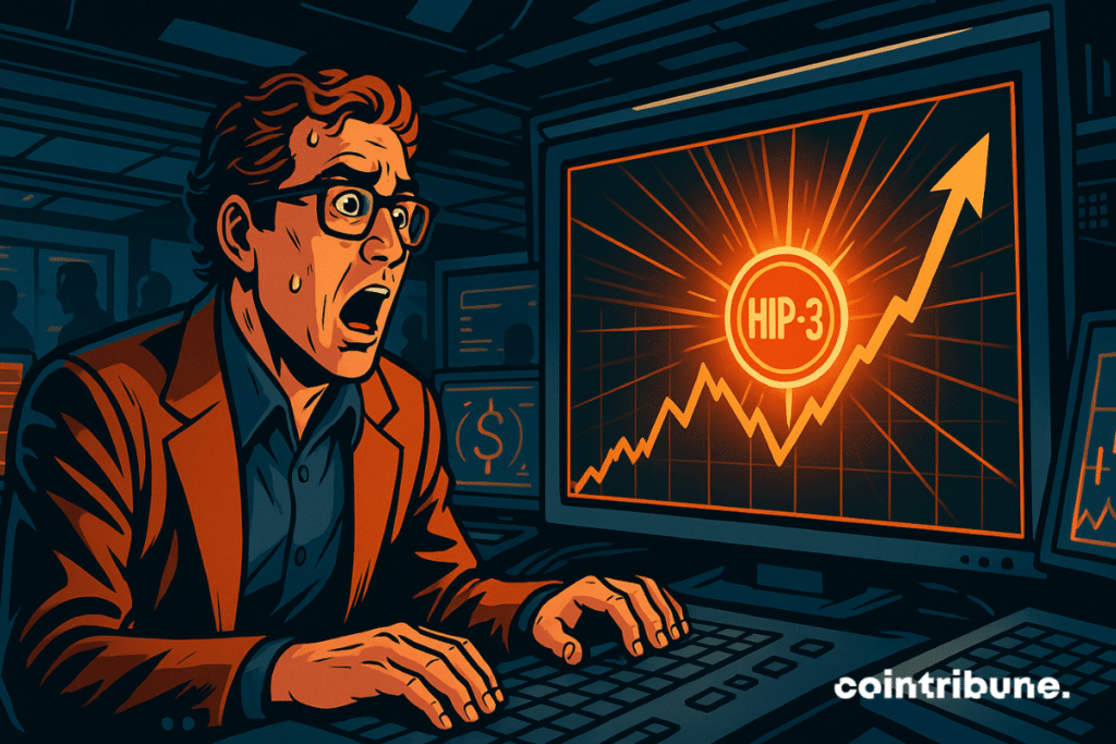 A character activates a futuristic device, triggering a wave of orange energy, symbolizing the HIP-3 perpetual trading revolution.