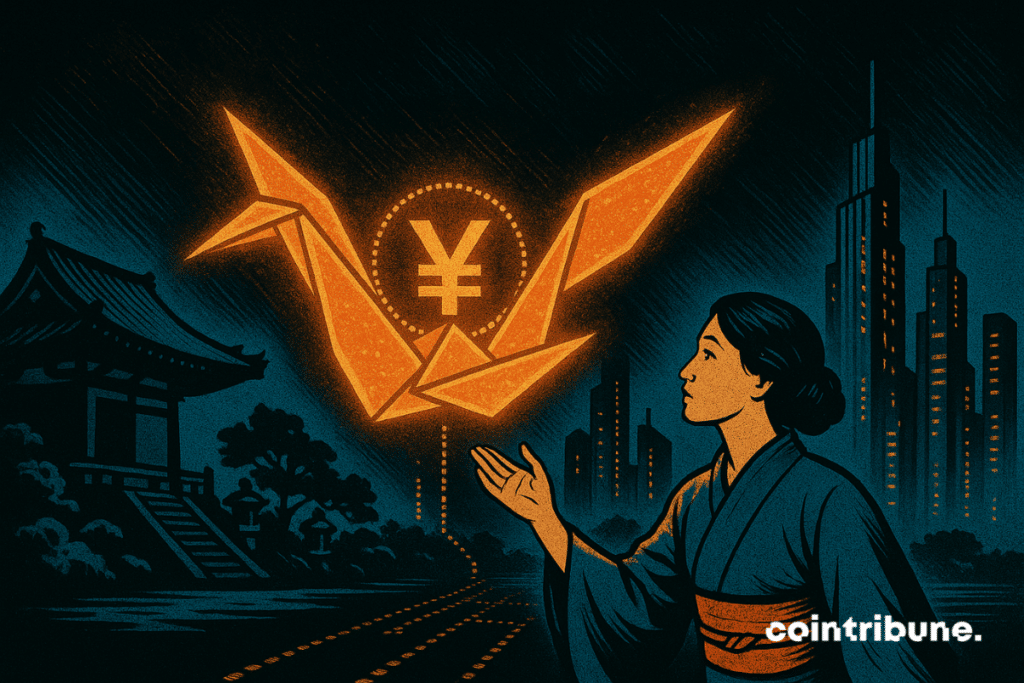 A Japanese woman in a kimono looks at a glowing orange origami crane with a yen symbol, standing between a traditional temple and futuristic skyscrapers.
