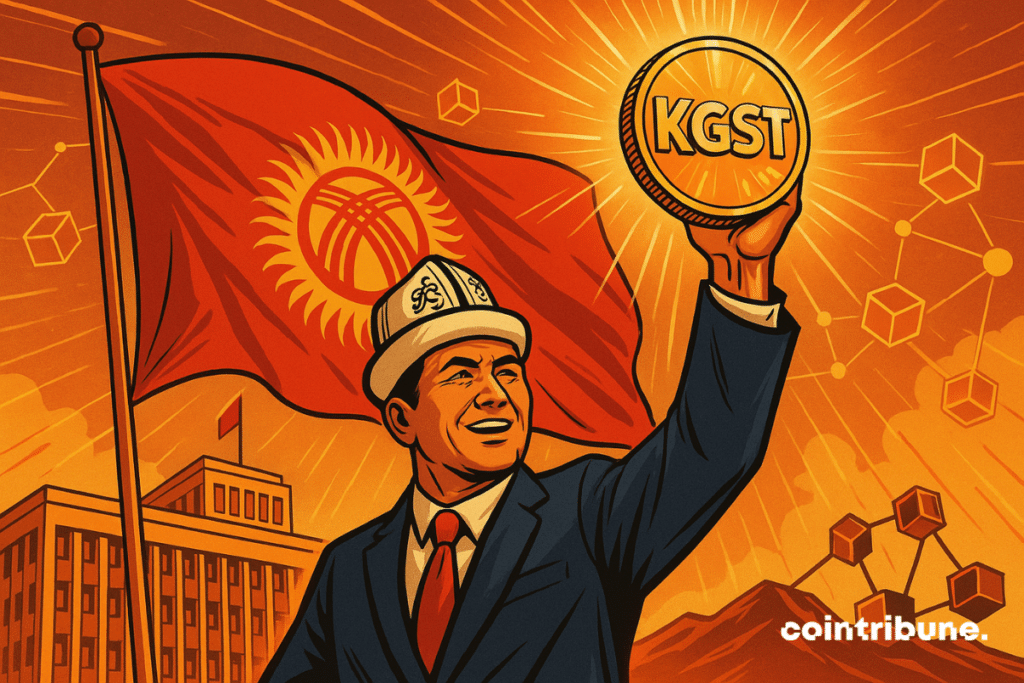 A smiling Kyrgyz man holds up a golden “KGST” coin in front of the national flag, bathed in bright orange light.