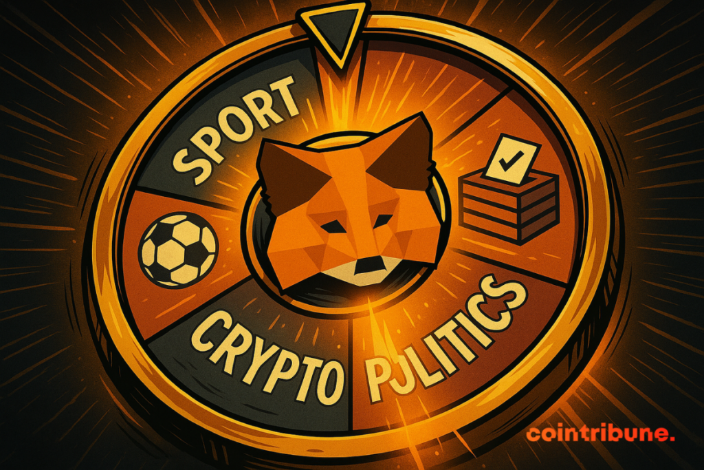 A vibrant dynamic betting wheel, divided into SPORT, CRYPTO and POLITICS sections, centered on the MetaMask fox logo.