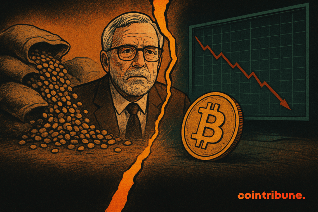 A vintage comic book style illustration shows Peter Brandt between falling soybeans and a free-falling Bitcoin graph divided by a bright orange crack.