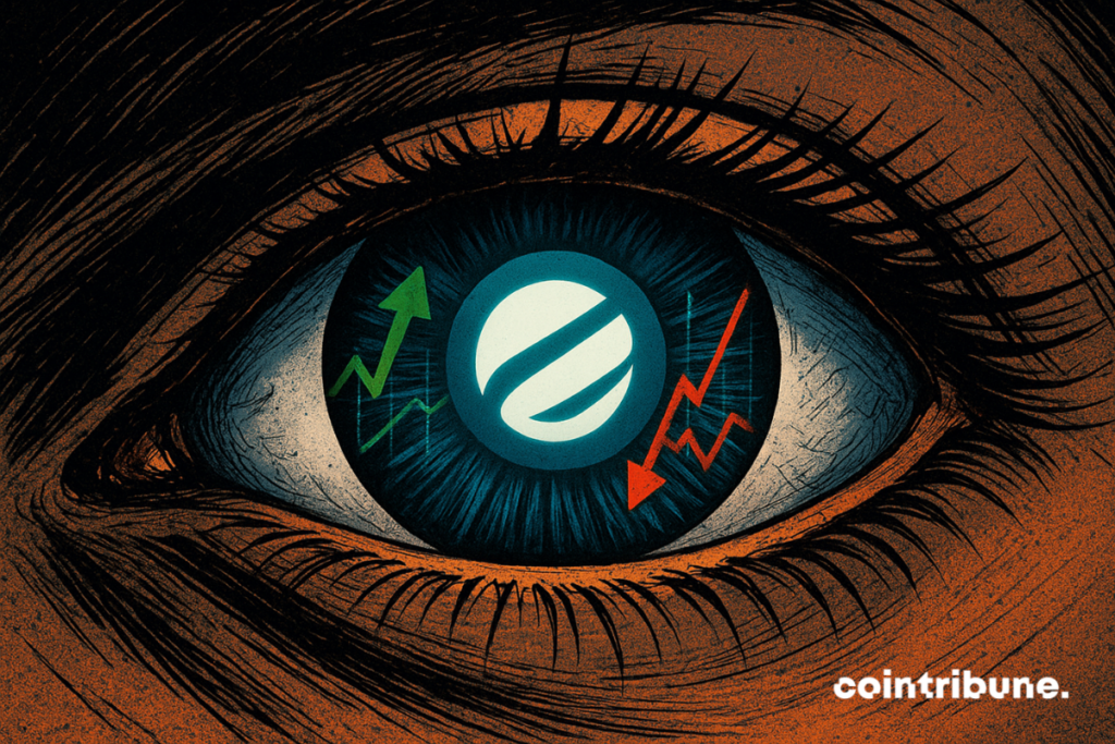 Close-up of a human eye reflecting the Polymarket logo with green up and red down arrows symbolizing market movements in a dramatic 1970s cartoon style.