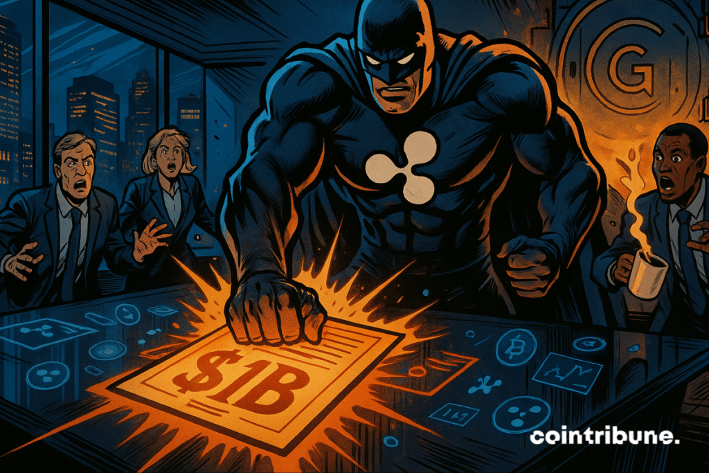 Ripple superhero criticizes billion-dollar deal on table as shocked executives react in city boardroom.