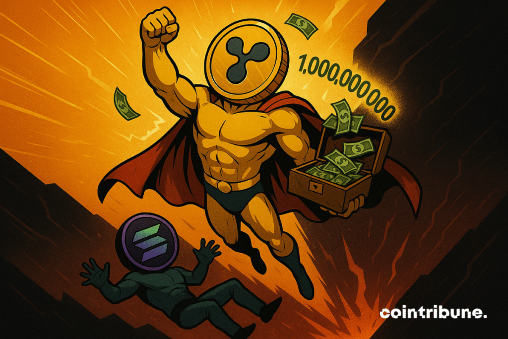 A superhero Ripple flies away triumphantly with $1 billion, while Solana falls into a flaming chasm.
