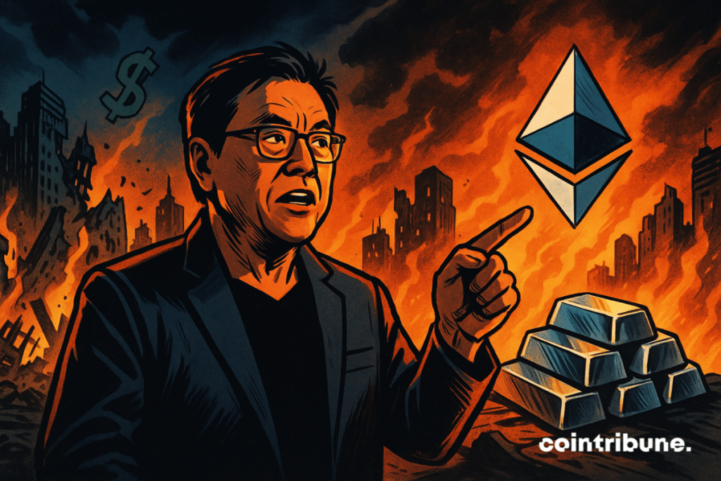 A comic book style illustration depicting Robert Kiyosaki pointing at the glowing Ethereum logo and silver bars, while a burning city collapses behind him in orange and dark tones.