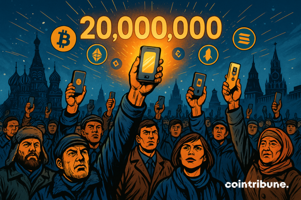 A crowd from Russia holding up digital wallets containing Bitcoin and other assets.