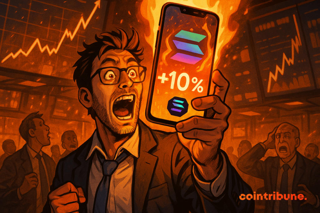 A euphoric trader brandishes a burning smartphone displaying +10% and the Solana logo, explosive atmosphere.
